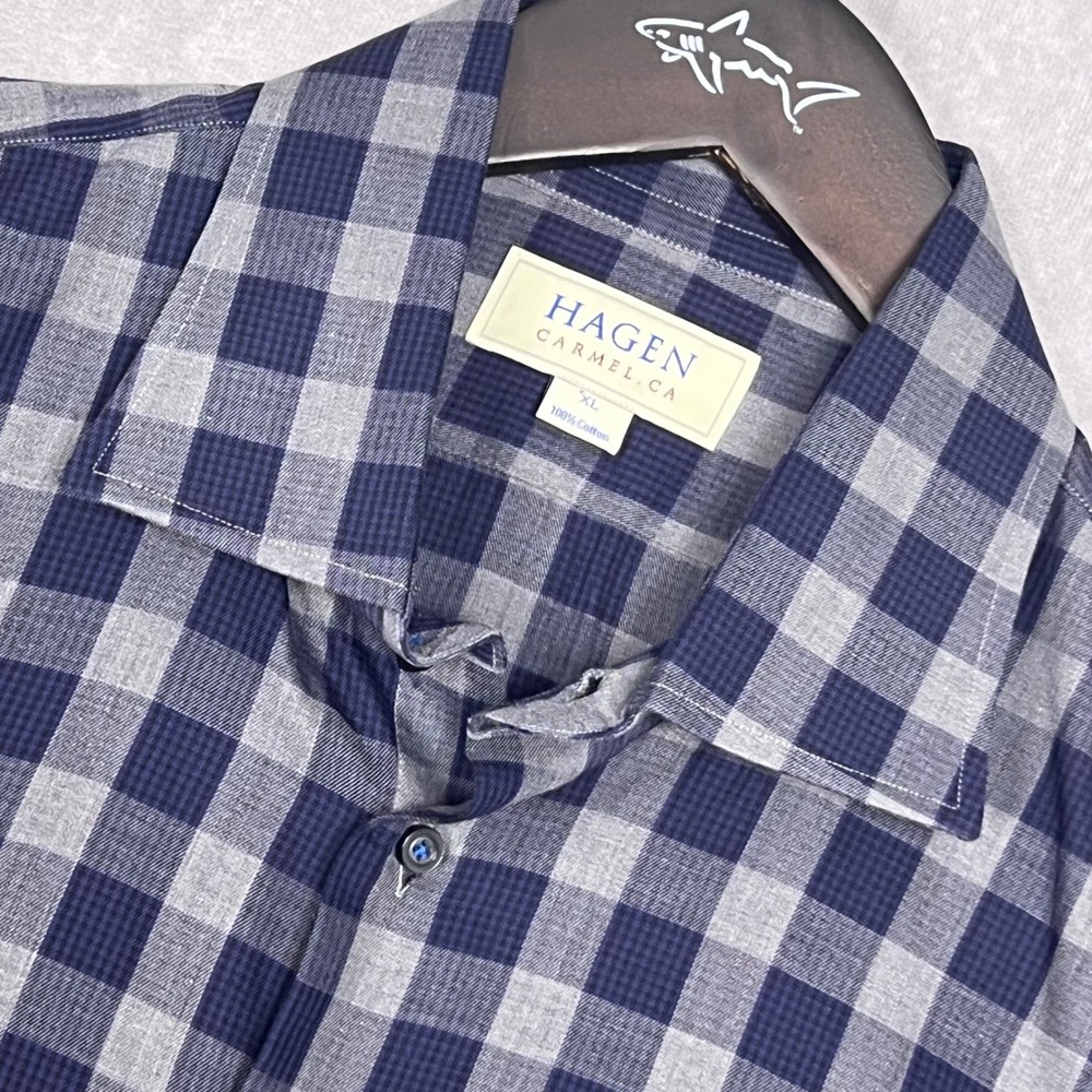 Hagen Button Down Shirt Mens XL Blue Grey Gingham Check Cotton Excellent L/S